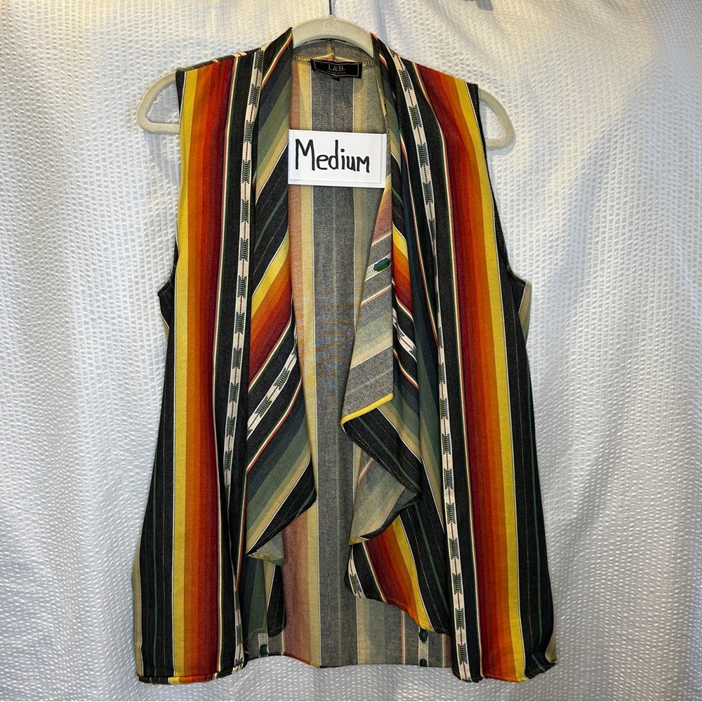 L&B Medium Serape Open Vest Striped Southwest Cowboy Rodeo Green Orange Yellow